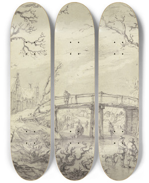 Triptych art skateboard deck of Aert Van Der Neer Ber Einen Zugefrorenen Kanal Bei Einem Dorf Eine Holzbrcke Vorne Zwei Mnner Mit Einem Hund by Aert van der Neer (1603-1677)