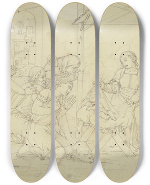 Triptych art skateboard deck of Johann Evangelist Scheffer Von Leonhardshoff Adoration Of The Shepherds by Johann Evangelist Scheffer Von Leonhardshoff (1795-1822)