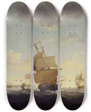 Triptych art skateboard deck of Charles Brooking Shipping In The English Channel by Charles Brooking (1723-1759)