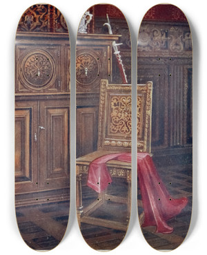 Triptych art skateboard deck of Edwin Foley Oak Cabinet With Circular Convex Panels Walnut Chair Chaise Sans Bras With Interlaced Floral Ornament On The Back by Edwin Foley (1859-1912)