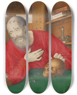 Triptych art skateboard deck of Alexander Marshal St Jerome In His Study by Alexander Marshal (1620-1682)