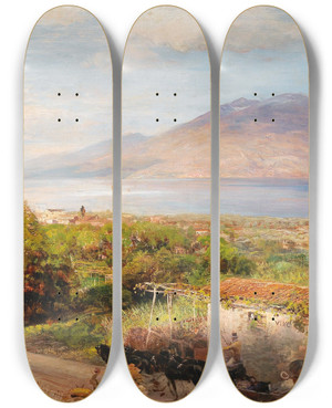 Triptych art skateboard deck of Oswald Achenbach Osteria Near Naples by Oswald Achenbach (1827-1905)