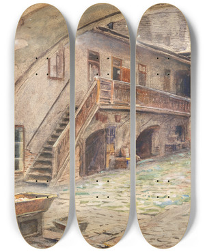 Triptych art skateboard deck of Ernst Graner Hof In Der Kahlenbergerstrae by Ernst Graner (1865-1943)