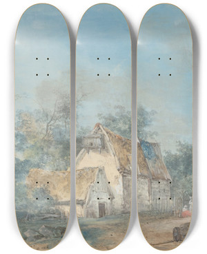 Triptych art skateboard deck of Louis Gabriel Moreau Landscape_3 by Louis Gabriel Moreau (1740-1806)