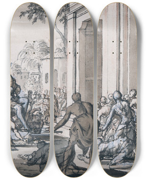 Triptych art skateboard deck of Jan Goeree The Worship Of A Pagan God by Jan Goeree (1670-1731)