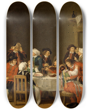 Triptych art skateboard deck of Pehr Hillestrm Convivial Scene In A Peasants Cottage by Pehr Hillestrom (1732-1816)