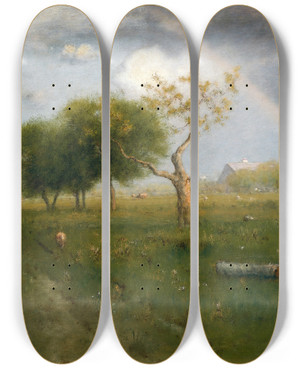 Triptych art skateboard deck of George Inness After A Summer Shower by George Inness (1825-1894)