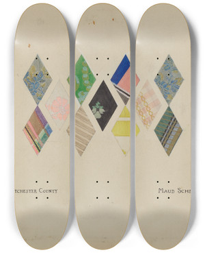 Triptych art skateboard deck of Maud Schmid Printed Quilt Patterns by Maud Schmid