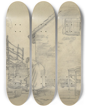 Triptych art skateboard deck of Jakob Becker Arbeitende Frau Vor Einem Kleinen Haus by Jakob Becker (1810-1872)