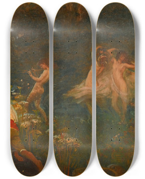 Triptych art skateboard deck of Herbert James Draper First Sketch For The Vintage Morn by Herbert James Draper (1864-1920)