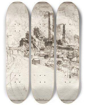 Triptych art skateboard deck of Joseph Pennell The Great Main Near Sheffield by Joseph Pennell (1857-1926)