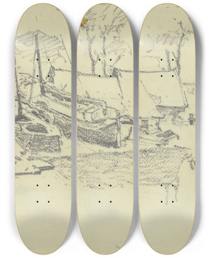Triptych art skateboard deck of Rudolf Gudden Fishing Boats At The Beach by Rudolf Gudden (1863-1935)