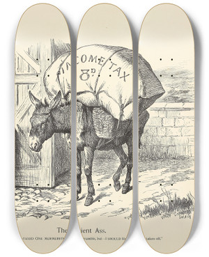 Triptych art skateboard deck of Sir John Tenniel The Patient Ass by Sir John Tenniel (1820-1914)