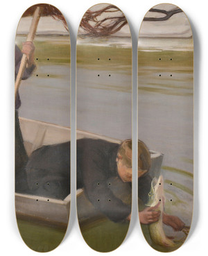 Triptych art skateboard deck of Eero Jrnefelt Boys Fishing by Eero Jarnefelt (1863-1937)