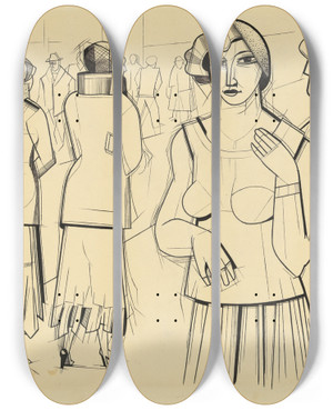 Triptych art skateboard deck of Karl Wiener Strae Mit Mdchen by Karl Wiener (1901-1949)