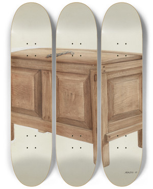 Triptych art skateboard deck of Majel G Claflin Grain Chest by Majel G Claflin (1893-1941)