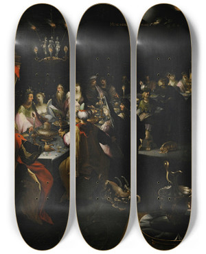 Triptych art skateboard deck of Follower Ofjan Harmensz Muller The Feast Ofbelshazzar by Follower Of Jan Harmensz Muller (1571-1628)