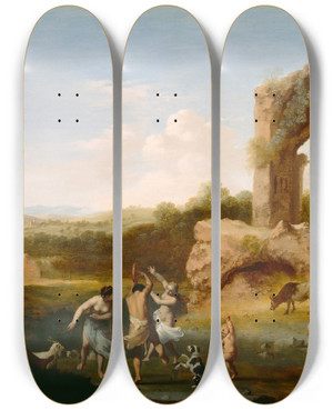 Triptych art skateboard deck of Cornelis Van Poelenburch Figures Dancing Near A Ruin by Cornelis Van Poelenburch (1594-1667)