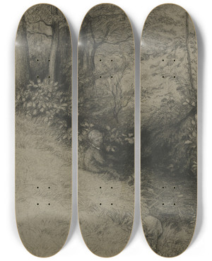 Triptych art skateboard deck of Otto Scholderer Bachlandschaft Mit Knaben by Otto Scholderer (1834-1902)