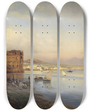 Triptych art skateboard deck of Albert Flamm Blick Auf Die Bucht Von Neapel by Albert Flamm (1823-1906)