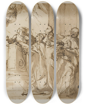 Triptych art skateboard deck of Antonio Aliense Fire Doger Og En Kappekldt Mand Med En Dogehat I Hnderne Med Bebudelsen I Baggrunden by Antonio Aliense