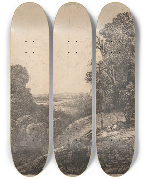 Triptych art skateboard deck of Rembrandt Van Rijn The Flight Into Egypt_2 by Rembrandt Van Rijn (1606-1669)