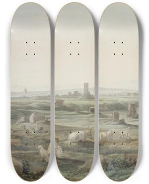 Triptych art skateboard deck of Jakob Philipp Hackert View Of The Campagna Romana From The Via Appia by Jakob Philipp Hackert (1737-1807)