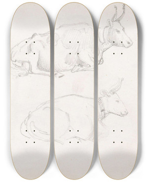 Triptych art skateboard deck of Adolph Tidemand Studier Av Liggende Tyr by Adolph Tidemand (1814-1876)