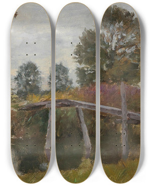 Triptych art skateboard deck of Alfred Zoff Alter Steg In Langenpreising by Alfred Zoff (1852-1927)