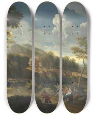 Triptych art skateboard deck of Jan Frans Van Bloemen An Extensive Landscape With The Rest On The Flight Into Egypt by Jan Frans Van Bloemen (1662-1749)