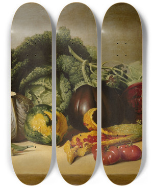 Triptych art skateboard deck of James Peale Still Life Balsam Apple And Vegetables by James Peale (1749-1831)