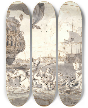 Triptych art skateboard deck of Ludolf Bakhuysen The Port Of Amsterdam Allegorical Subject by Ludolf Backhuysen (1630-1708)