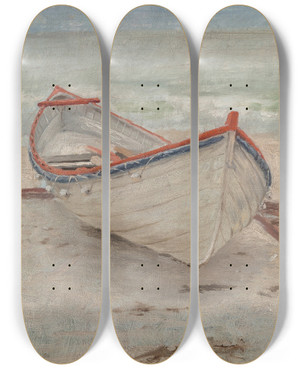 Triptych art skateboard deck of Emil Carlsen Fishing Boat On Shore by Emil Carlsen (1848-1932)