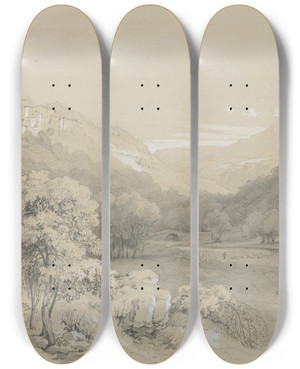 Triptych art skateboard deck of Louis Gurlitt A View Of Cavi In The Sabine Hills by Louis Gurlitt (1812-1897)
