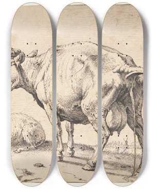 Triptych art skateboard deck of Paulus Potter En Pissende Ko by Paulus Potter (1625-1654)