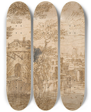 Triptych art skateboard deck of Hermann Weyer Landscape With A City On A River by Hermann Weyer (1596-1621)