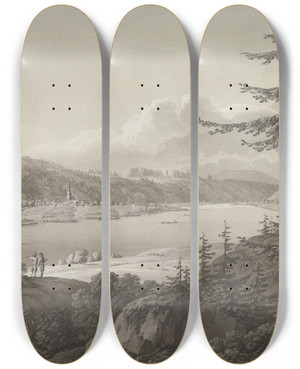 Triptych art skateboard deck of Adrian Zingg View Of Bad Schandau At The River Elbe With The Winterberg by Adrian Zingg (1734-1816)