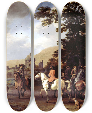 Triptych art skateboard deck of Abraham Van Calraet A Riding School In The Open Air by Abraham Van Calraet (1642-1722)