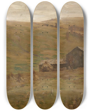 Triptych art skateboard deck of William Langson Lathrop Hilly Pastures by William Langson Lathrop (1859-1938)