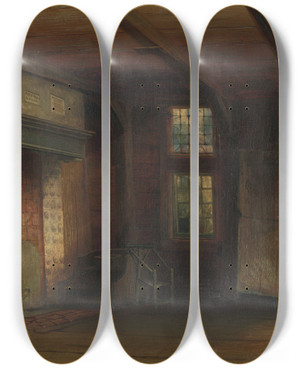 Triptych art skateboard deck of Pierre Tetar Van Elven Interieur Van Het Tsaar Peterhuisje Te Zaandam by Pierre Tetar Van Elven (1828-1908)