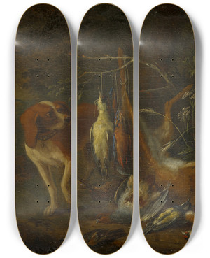 Triptych art skateboard deck of Adriaen De Gryef Dog With Dead Game by Adriaen de Gryef (1657-1722)