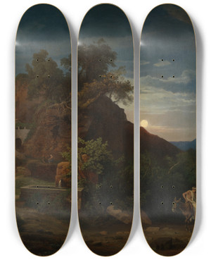 Triptych art skateboard deck of Johann Wilhelm Schirmer Die Nacht Die Ankunft Des Samariters Mit Dem Verletzten In Der Herberge by Johann Wilhelm Schirmer (1807-1863)