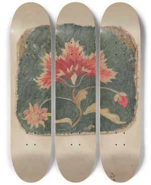 Triptych art skateboard deck of Phyllis Dorr Piece Of Crewel Embroidery by Phyllis Dorr