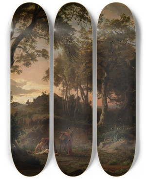 Triptych art skateboard deck of Johann Wilhelm Schirmer Der Abend Die Bergung Des Verletzten Wanderers Durch Den Barmherzigen Samariter by Johann Wilhelm Schirmer (1807-1863)