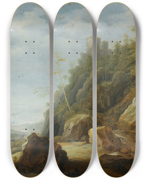 Triptych art skateboard deck of Joachim Govertsz Camphuysen A Rocky Mountain Landscape With A Stronghold On A Hill Topshepherdswith Their Flock Beyond by Joachim Govertsz Camphuysen (1601-1659)