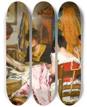 Triptych art skateboard deck of Charles Frederick Ulrich The New Dress by Charles Frederick Ulrich (1858-1908)