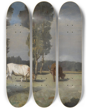 Triptych art skateboard deck of Christian Skredsvig French Landscape With Cattle by Christian Skredsvig (1854-1924)