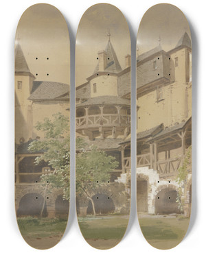 Triptych art skateboard deck of Carl Theodor Reiffenstein Burg Pfalzgrafenstein Bei Kaub by Carl Theodor Reiffenstein (1820-1893)