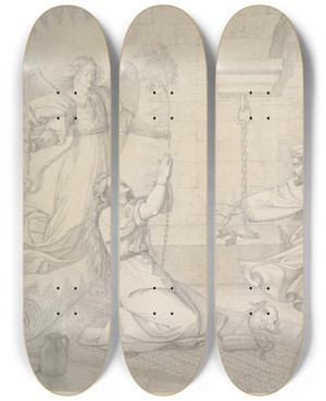 Triptych art skateboard deck of Peter Von Cornelius Scene In The Dungeon by Peter Von Cornelius (1784-1867)