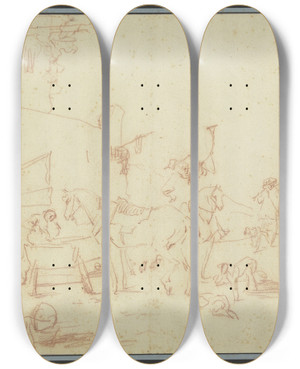 Triptych art skateboard deck of Gottlieb Welt Aufbrechende Jagdgesellschaft An Einem Gehft by Gottlieb Welte (1745-1792)